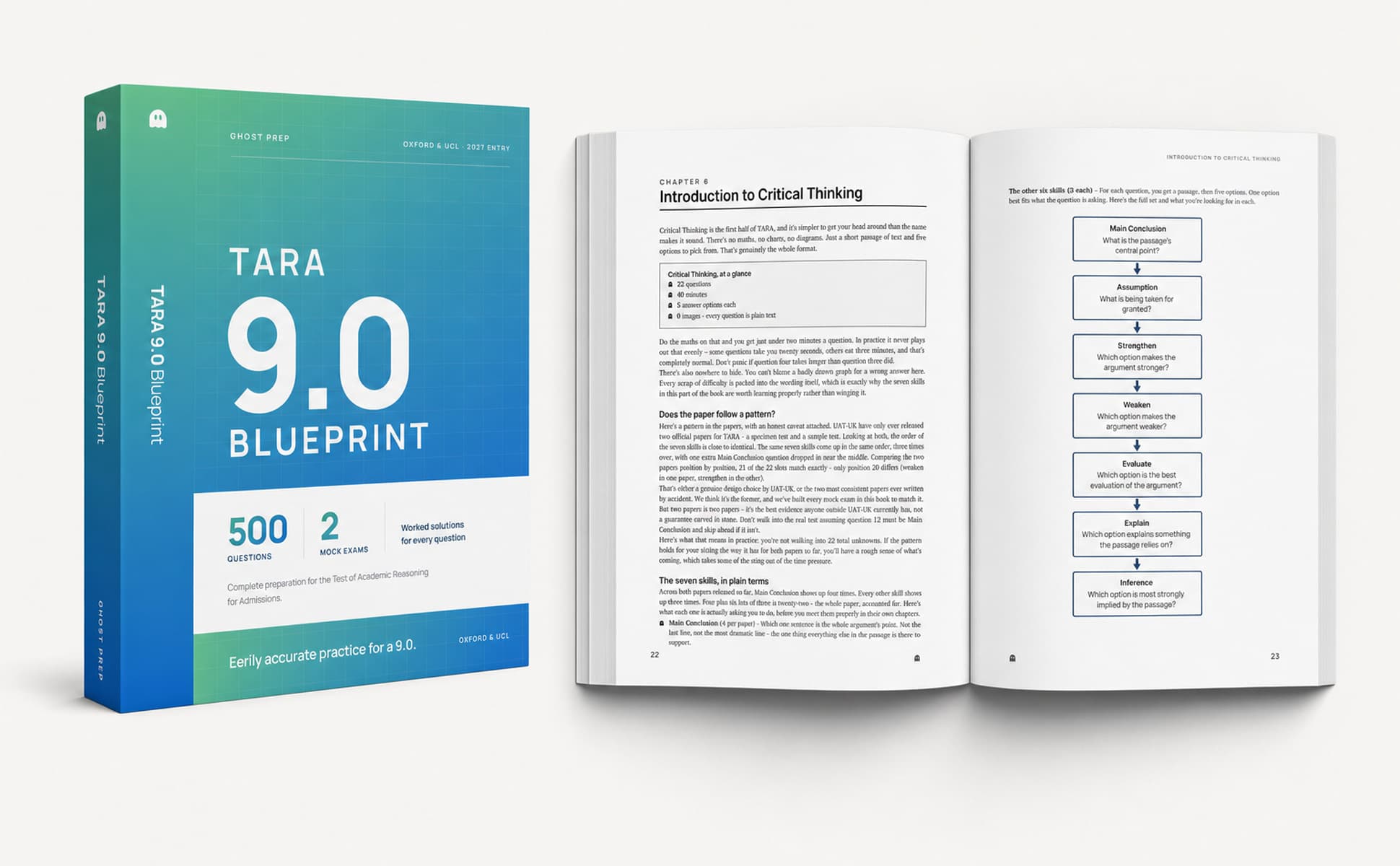 The TARA 9.0 Blueprint paperback standing upright beside a copy lying open at a Critical Thinking chapter