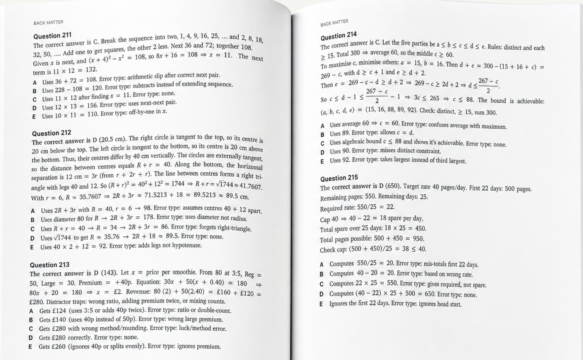 A worked solutions spread showing the full reasoning for one question and an explanation of each wrong option