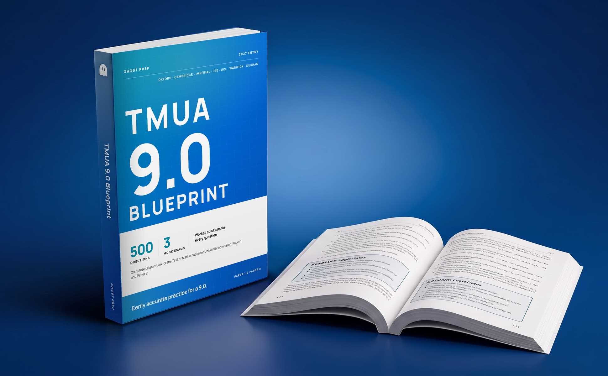 The TMUA 9.0 Blueprint paperback standing upright beside a copy lying open at a Paper 2 chapter