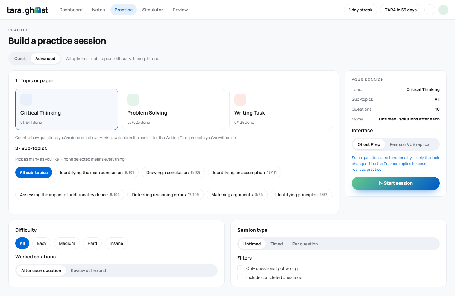 Building a practice session by sub-topic and difficulty