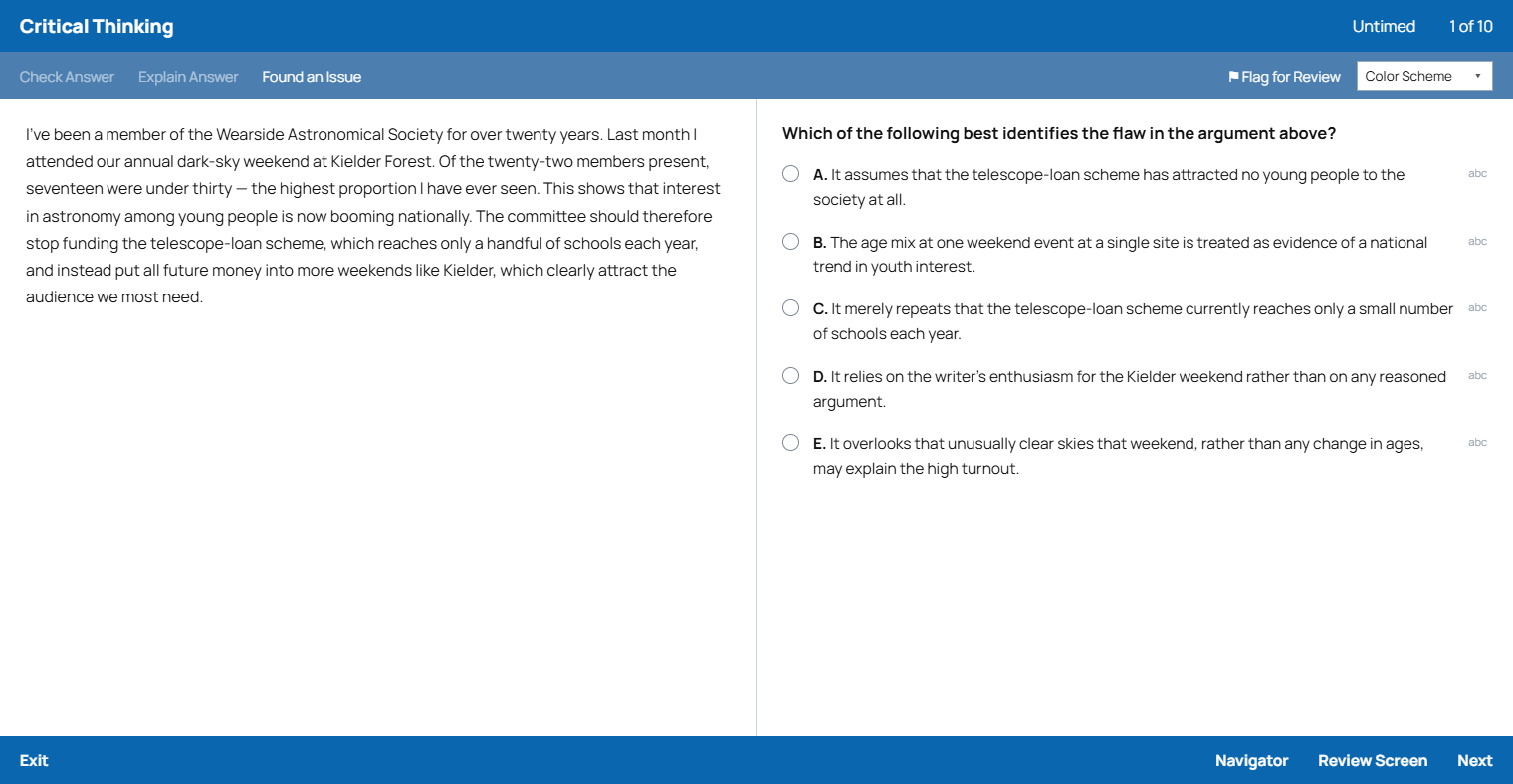 A TARA mock paper running in the exam simulator